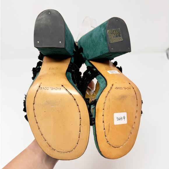 Rachel Comey Chenille Suede Green Black Pom Pom Block Heeled Cage Sandals US 6 - Picture 7 of 9